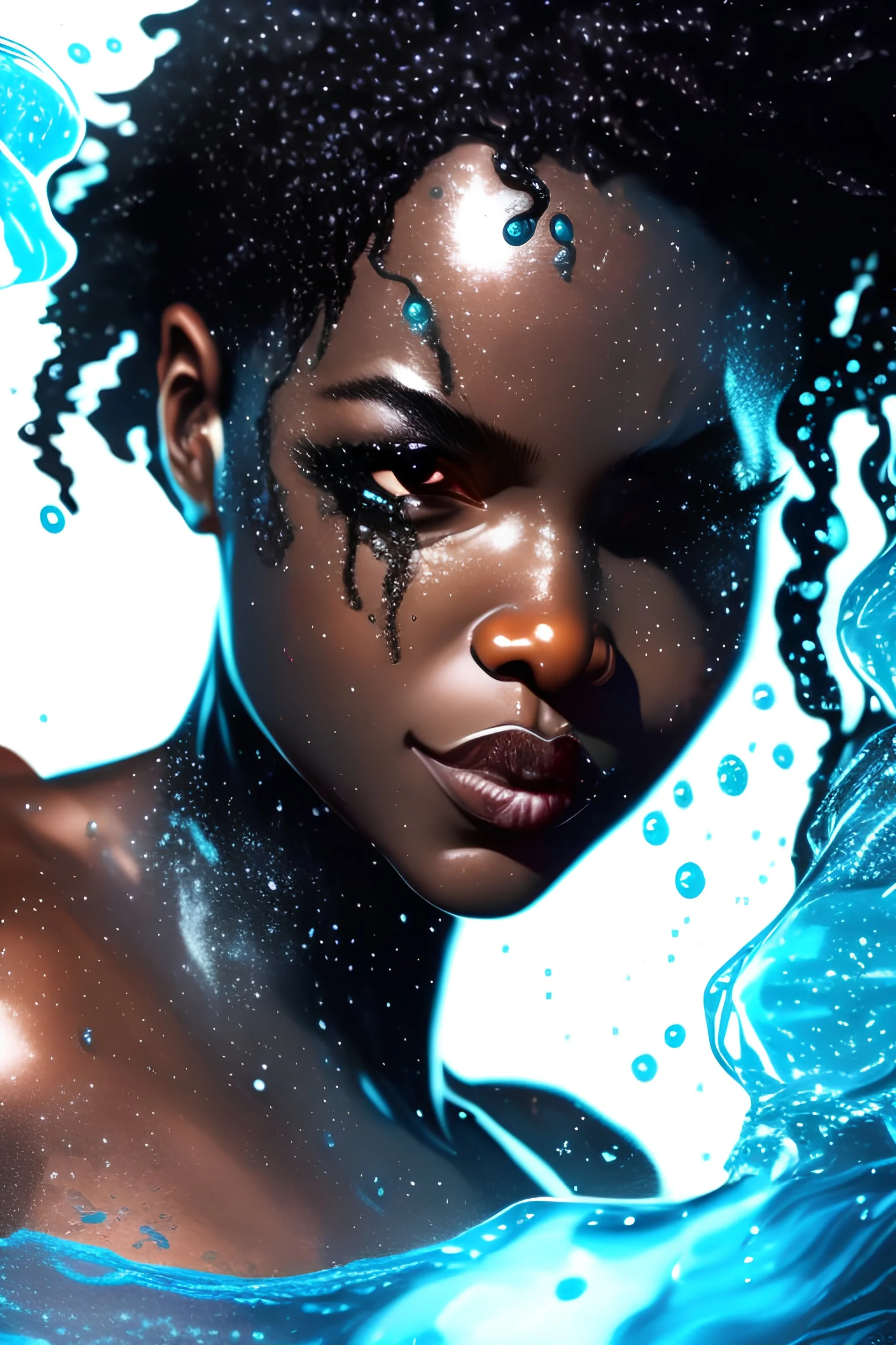 A black female superhero with water powers close up