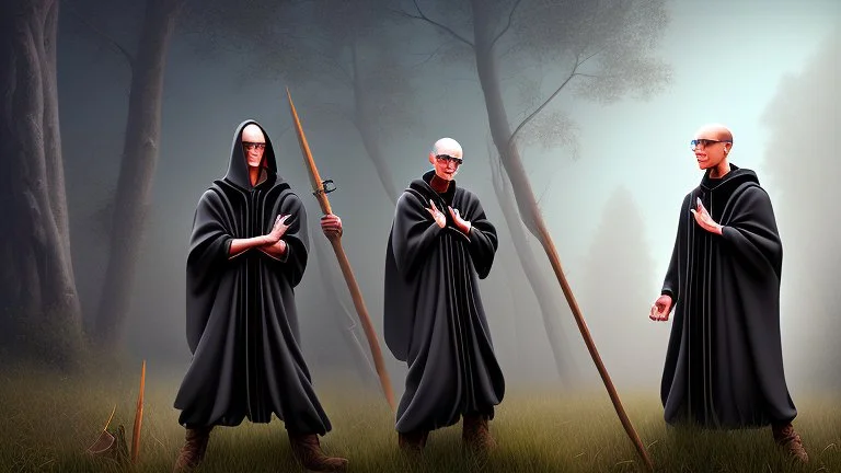 Black robed, hooded monks in the field