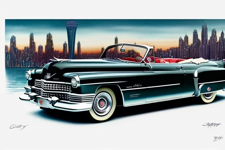 a true-to-life 1949 cadillac series 62 convertible, centered, intricate, extreme detailed, photorealism, center view, city background, pivot on cadillac, pen and color marker painting by cheryl kelley