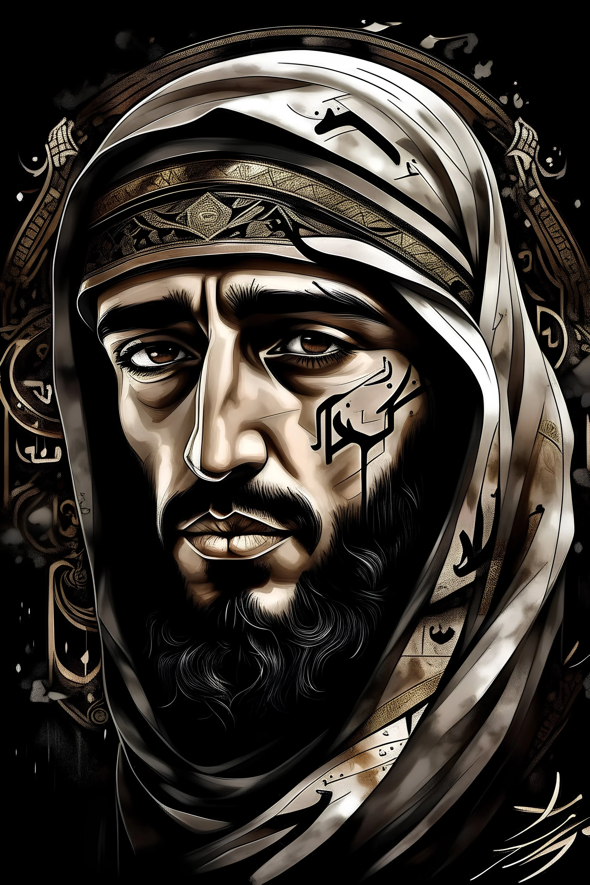 A mesmerizing digital artwork presents a close-up of a distinctly Saudi man's face, with every feature creatively transformed into the intricate art of Arabic calligraphy. The delicate strokes and curves of the calligraphy elegantly adorn his facial features, paying homage to the rich Arabic heritage. The calligraphic style used is inspired by Hurufiyya, adding a touch of modernity to the traditional art form.But this artwork goes beyond the boundaries of the mundane. A double exposure effect