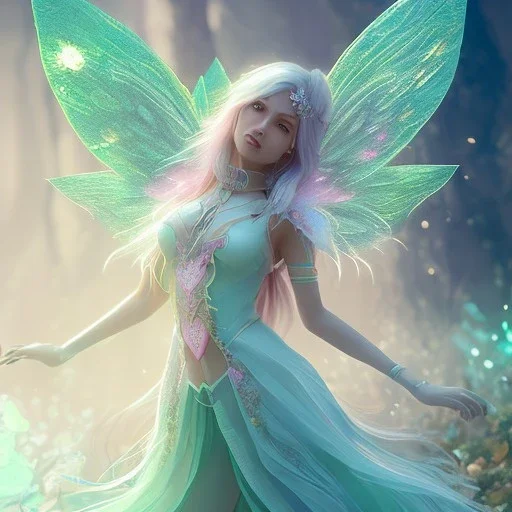 A portrait of a cute fantasy fairy, atmospheric, realistic, unreal engine, cinematic lighting, octane render, transparent, pink turquoise light, long blond hair, pink lips, extremely sharp detail, finely tuned detail, ultra high definition, 8 k, unreal engine 5, ultra sharp focus, accurate wings, positive smile, highlight luminous dress