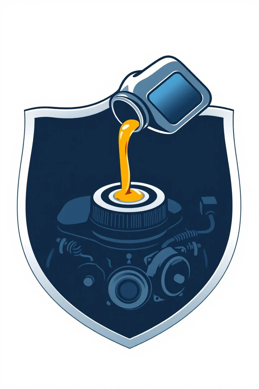 inside a shield shape, a car engine icon with a 1litre oil bottle above pouring oil into the engine, vector illustration