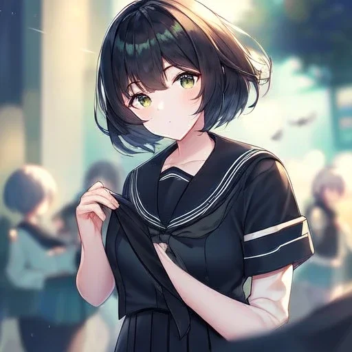 Clear focus, High resolution, fluffy black short hair, dark green eyes, wearing a black sailor uniform and pleated black skirt, fluffy hair, detailed outfit