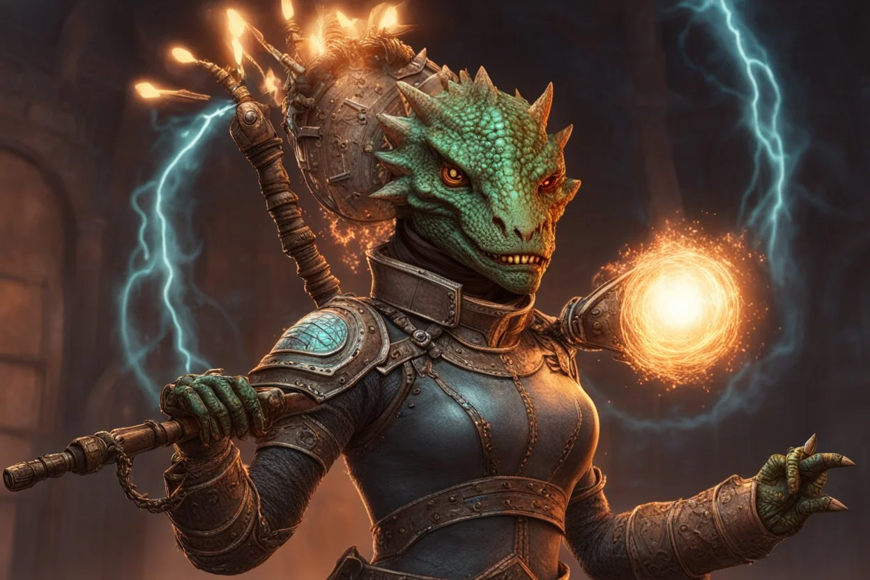 female argonian artificer who uses Tesla coils as weapons