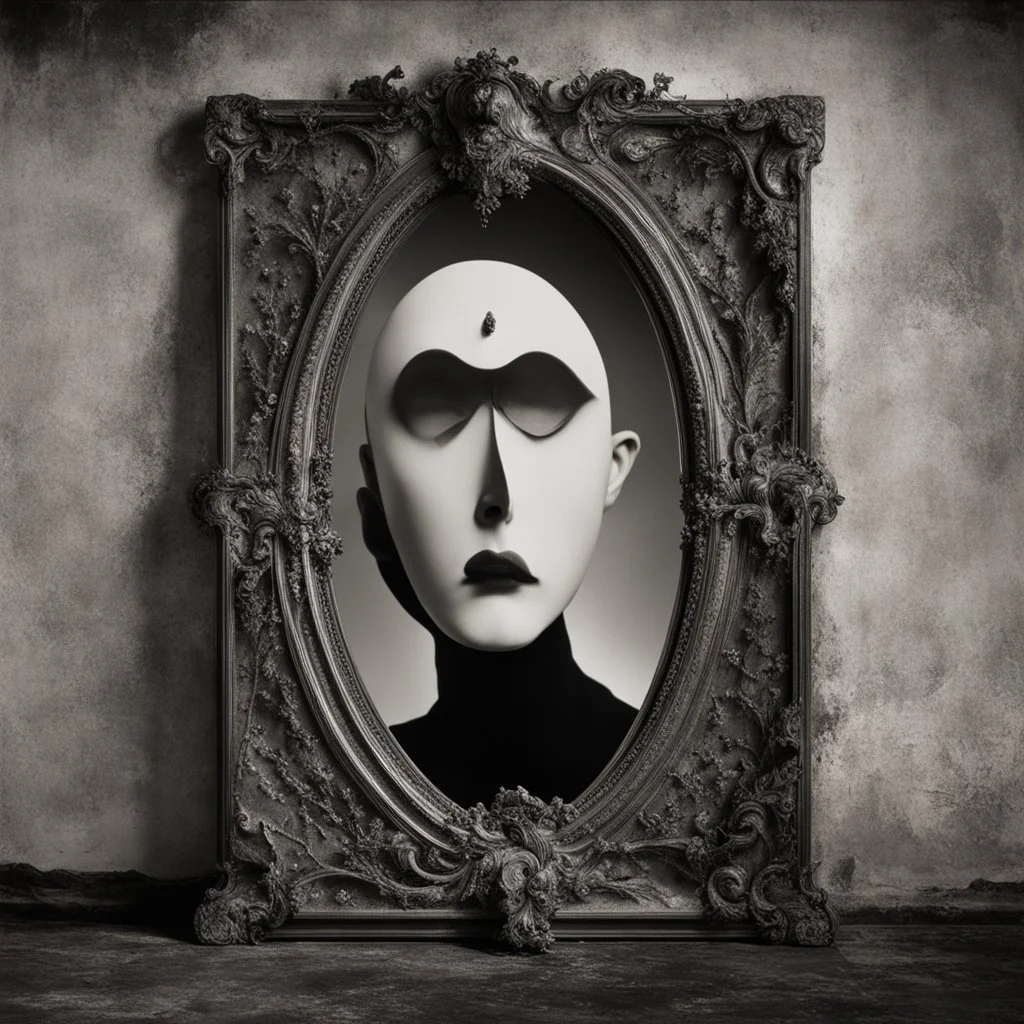 portrait of a cursed mirror that only reflects photo negatives of mournful faces, by George Grie and Yves Tanguy and Brett Weston, photorealism, palpable textures, distinctive visceral style, detailed line work, surrealism powerhouse, opulent shadows, menacing illusions.