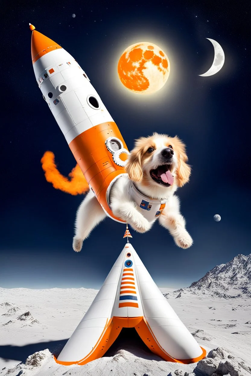 white and orange dog flies to the moon on top of the a rocket