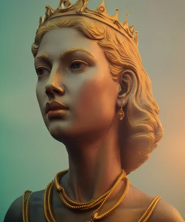 Statue of Queen of photography. Cute blonde woman. Photographer in golden crown. Standing on the street. Big camera in her hand. hyperdetailed, photorealistic, trending on artstation, greg rutkowski, beksinski, kodachrome, bokeh, red and gold