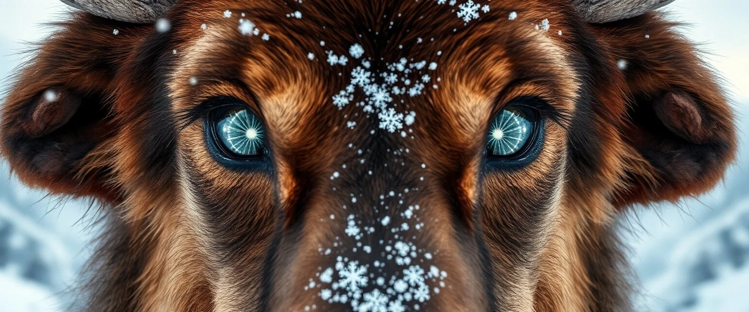 creature with eyes of hound bison reindeer yoga man with the snow flake pattern in the pupils in snowy mountain