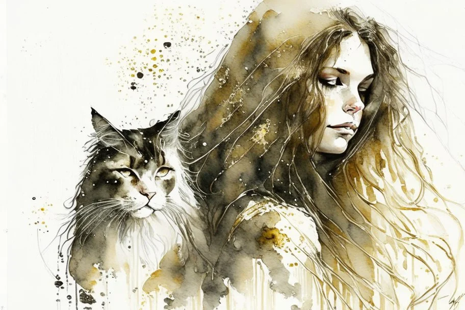 long haired woman with cat, white watercolor and black ink, golden glitters