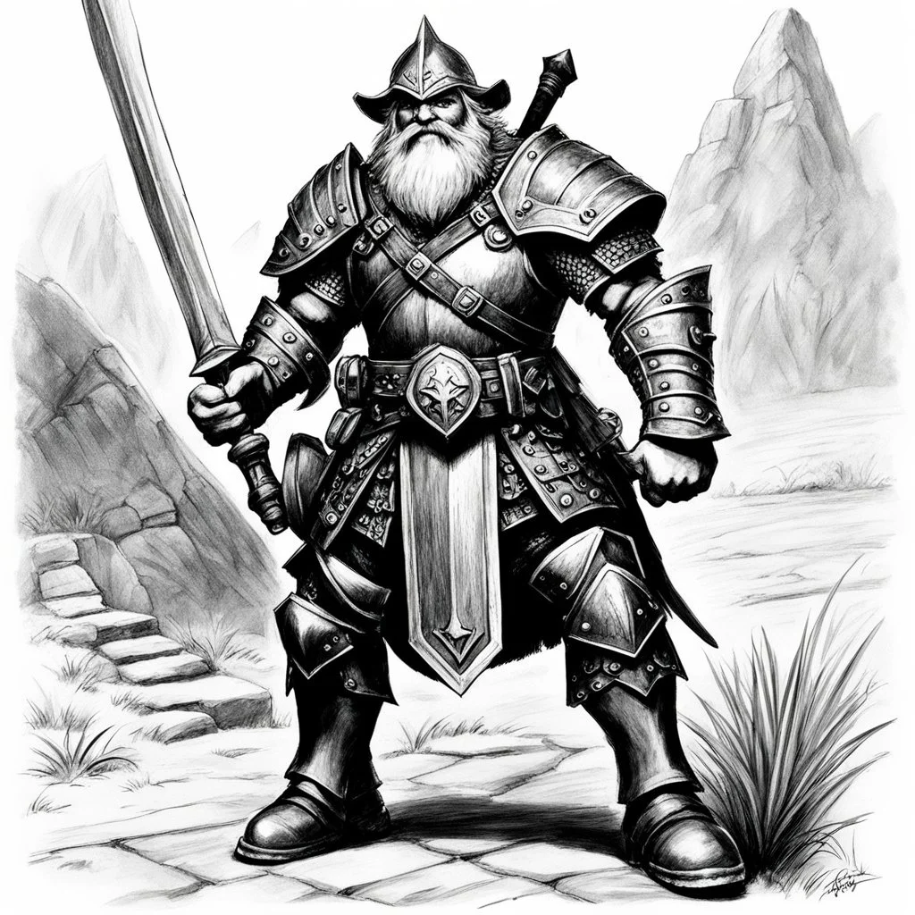 (black and white traditional pencil sketch digital drawing on paper by Ray Harryhausen) the senior AD&D dwarf ranger character class. Weapon: broad sword and long dagger, armour: preference for medium, powers: track, hide in wild, convince
