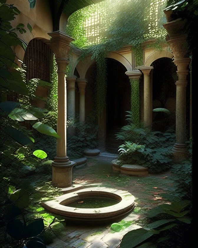 Nestled within the bustling city, a hidden oasis awaits within the courtyard of an ancient building. Sunlight filters through lush, verdant foliage, casting dancing shadows on flagstone pathways. A gentle fountain murmurs, its soothing melody harmonizing with the rustling leaves. Serenity envelops this haven, a respite from urban chaos, inviting restoration and inner peace.