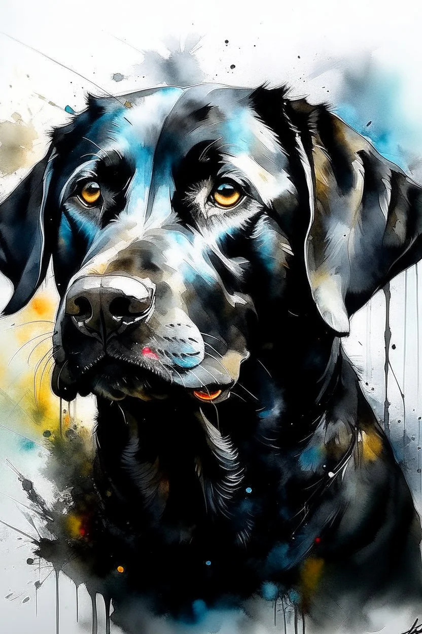A portrait of black Labrador by Willem Haenraets, watercolor, wet on wet and splattering techniques, centered, perfect composition, abstraction, surrealism