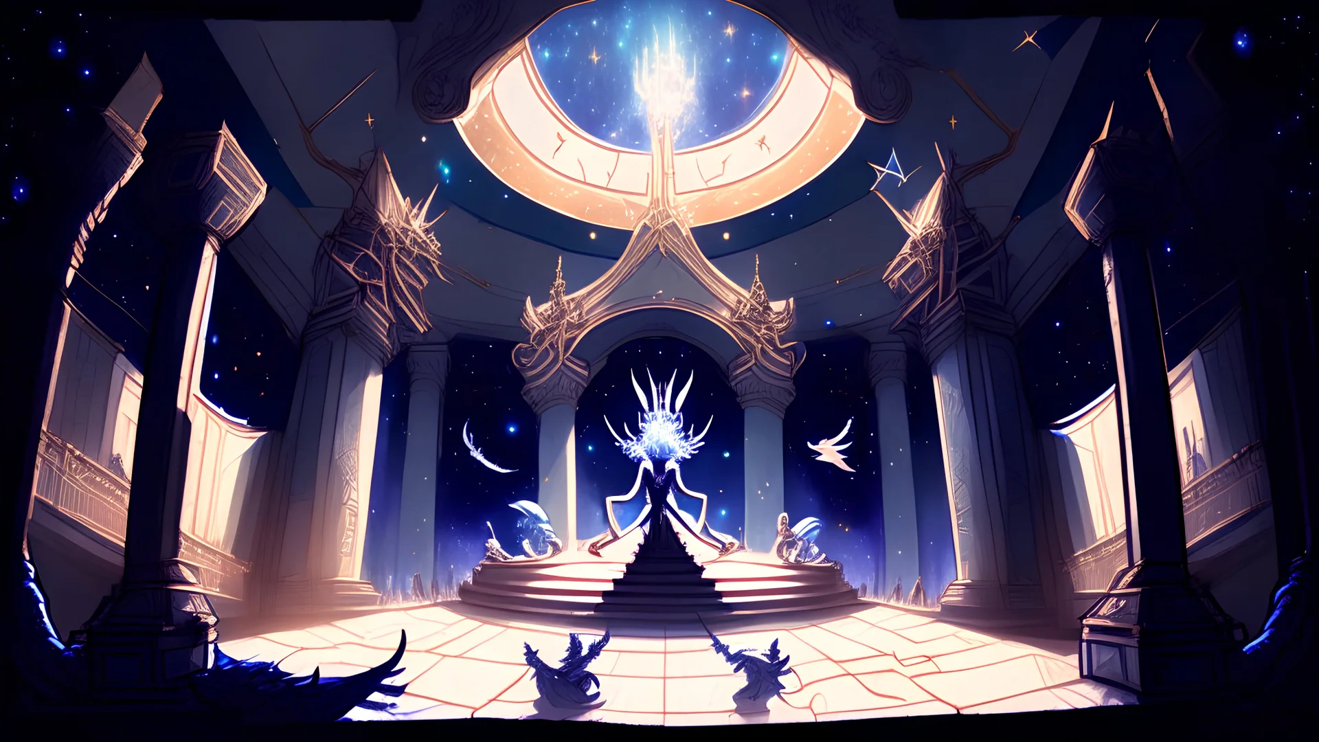 Drawing an imaginary character of a queen sitting on a throne, and behind the throne ((a dragon)) sitting inside a wide hall with columns and many people sitting around the edges of the hall. On the ceiling of the hall are bright stars and a scene of the galaxy, and the scene is three-dimensional.