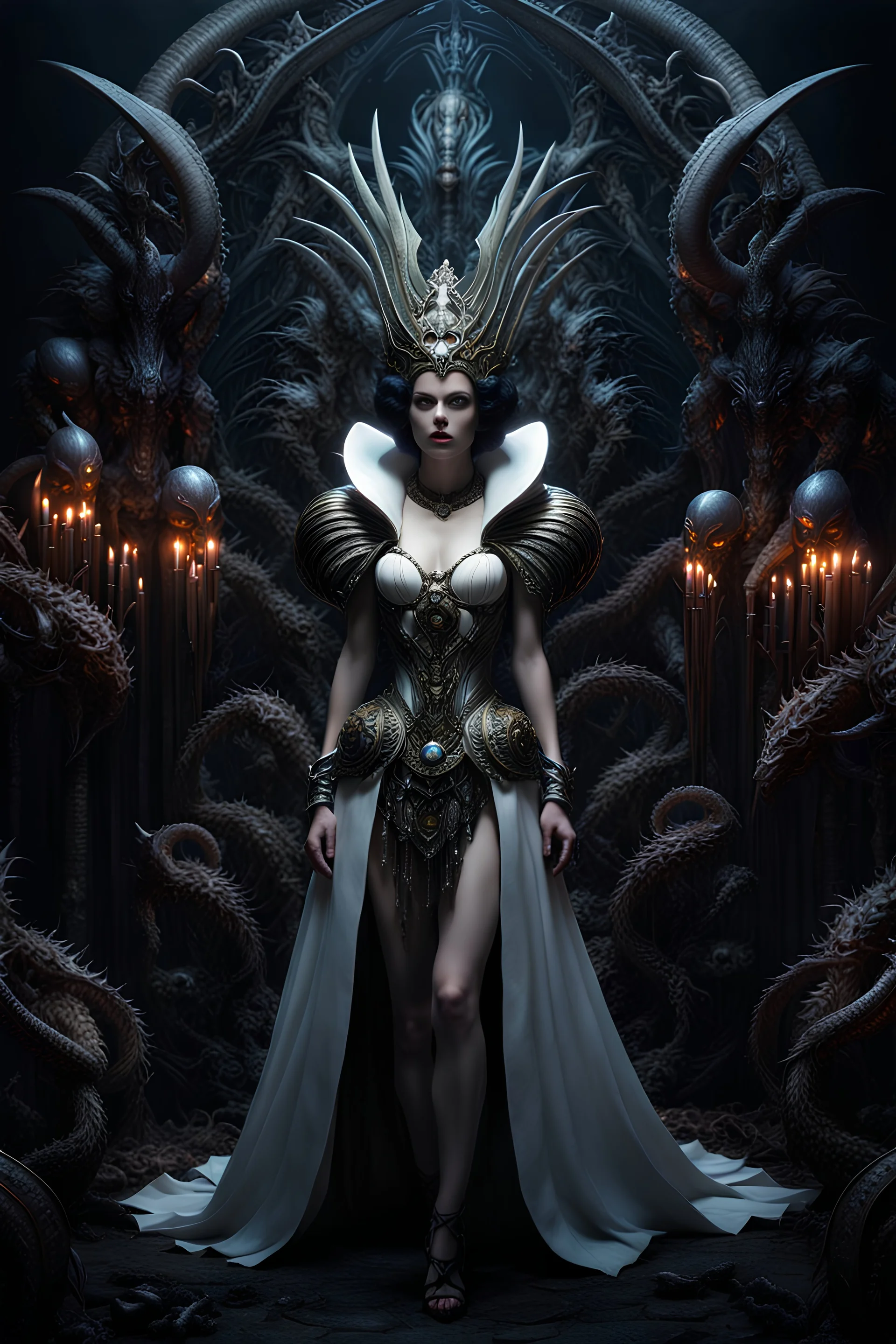 Giger style dark fairytale style Snow-White, full body shot, leading an army of monsters, deep colors, detailed matte painting, fantastical, intricate detail, splash screen, colorful, fantasy concept art, 8k resolution, Unreal Engine 5, beautiful iris, sharp focus, centered, symmetric