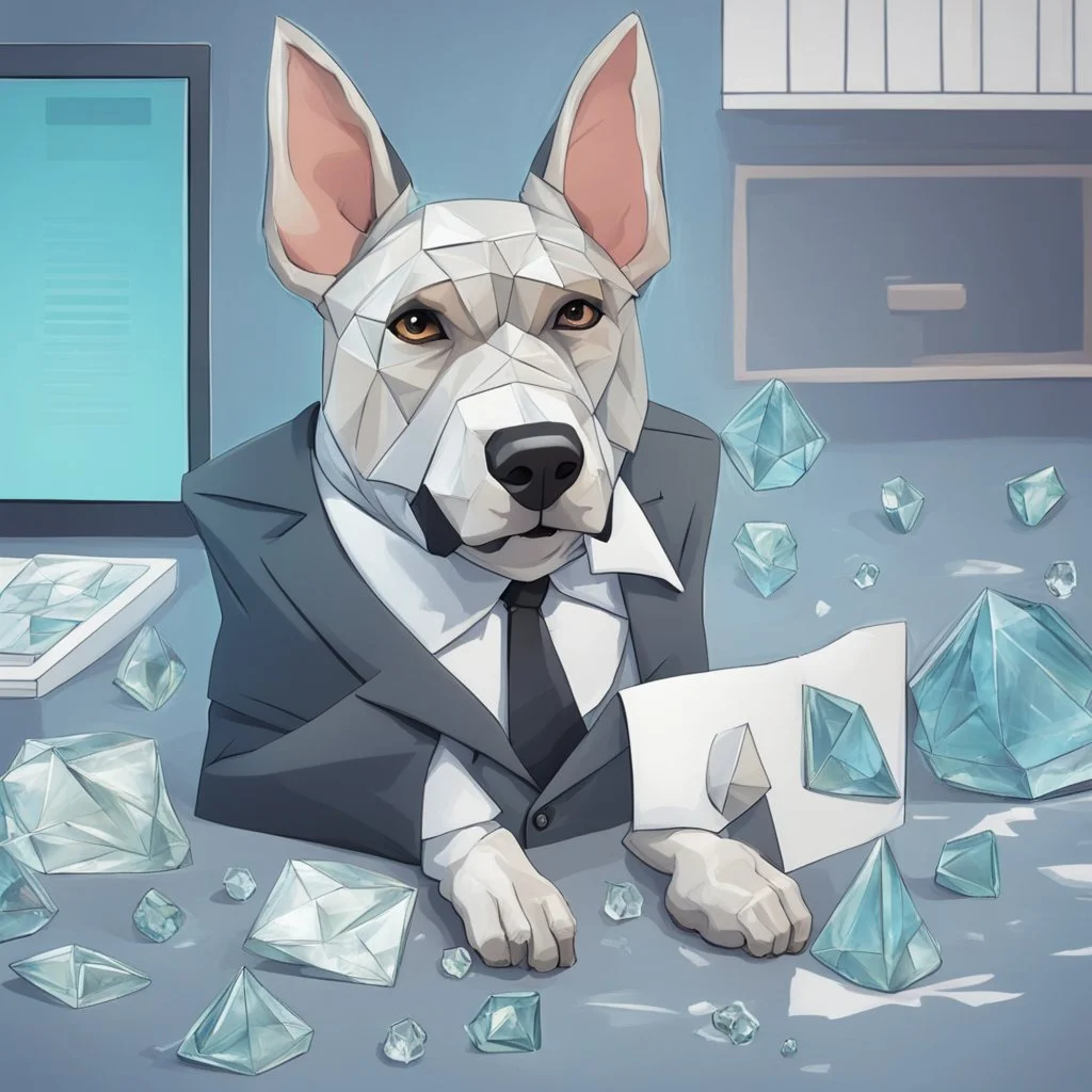 make one realistic business dog that are made of shapes and have a suit on lokk like crystals