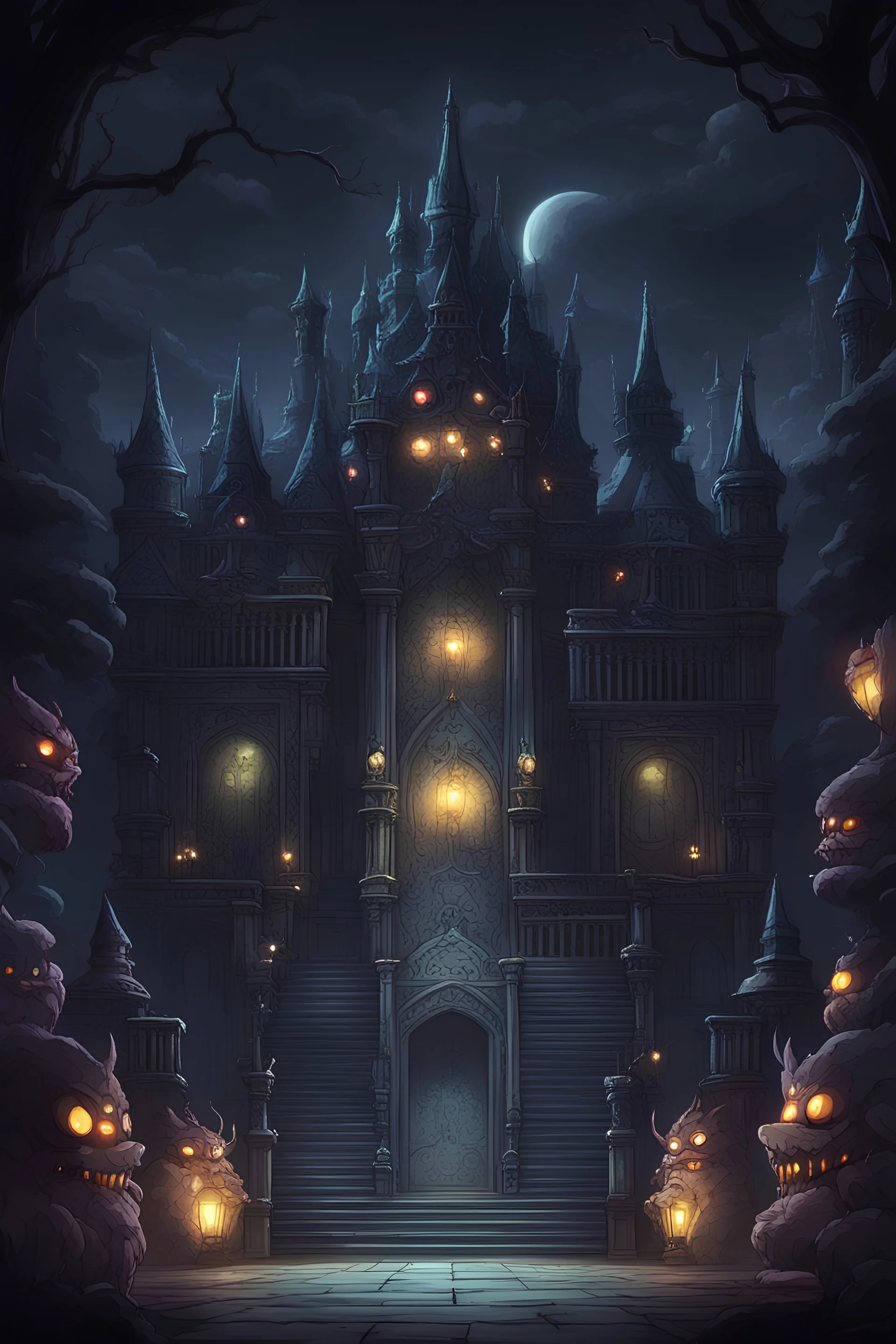 Outside the dark palace at night, where the lights are on, along with two monsters on the left and right