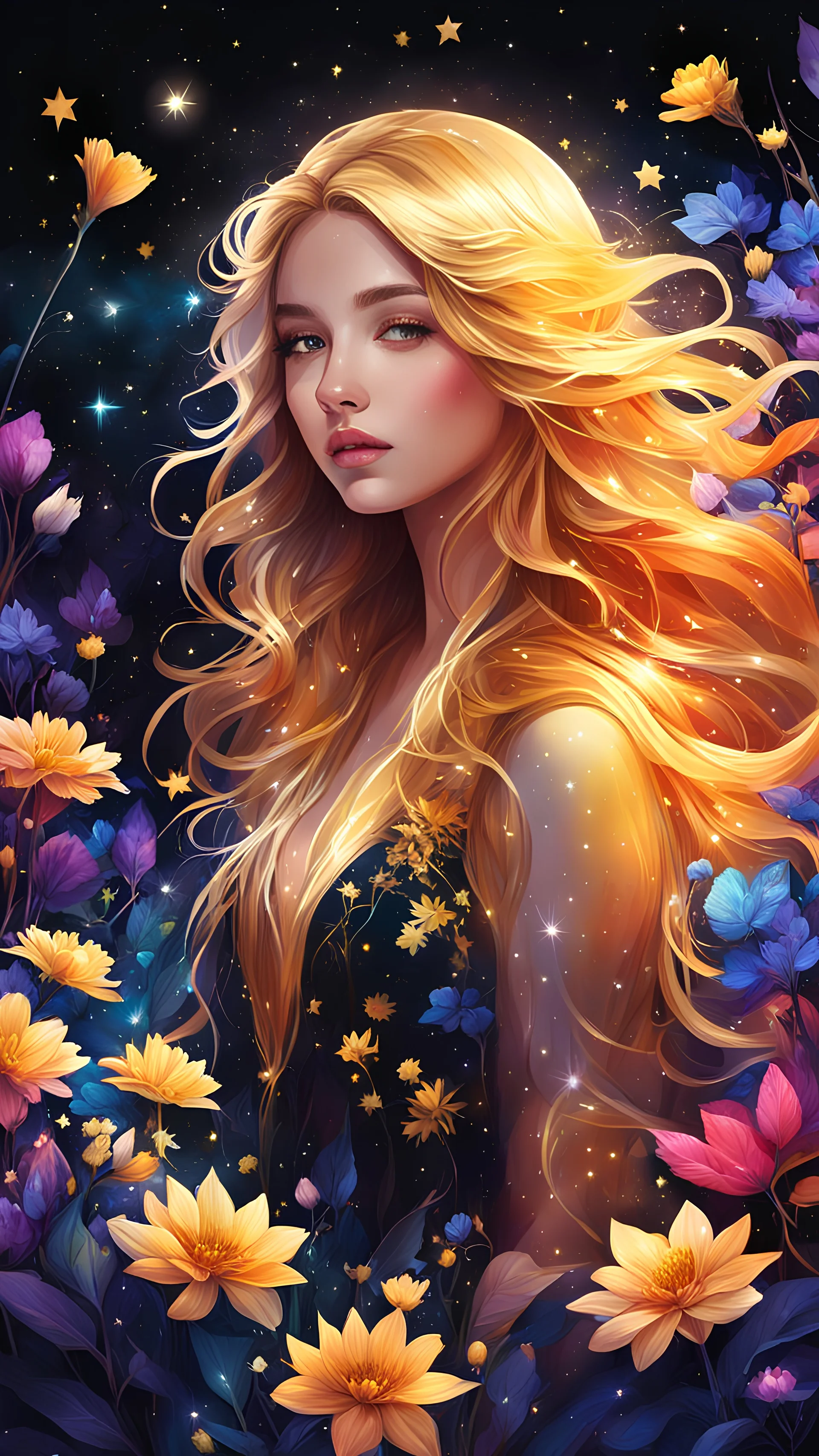 Digital painting, color ink, vivid colors, smooth gradients, magical and otherworldly, a beautiful young girl, golden flowing hair, surrounded by glowing flowers and plants, stars, night sky, halo light, black background, Various colorful flowers, ornamental flowers, glowing effect, magic flowers, shining lights