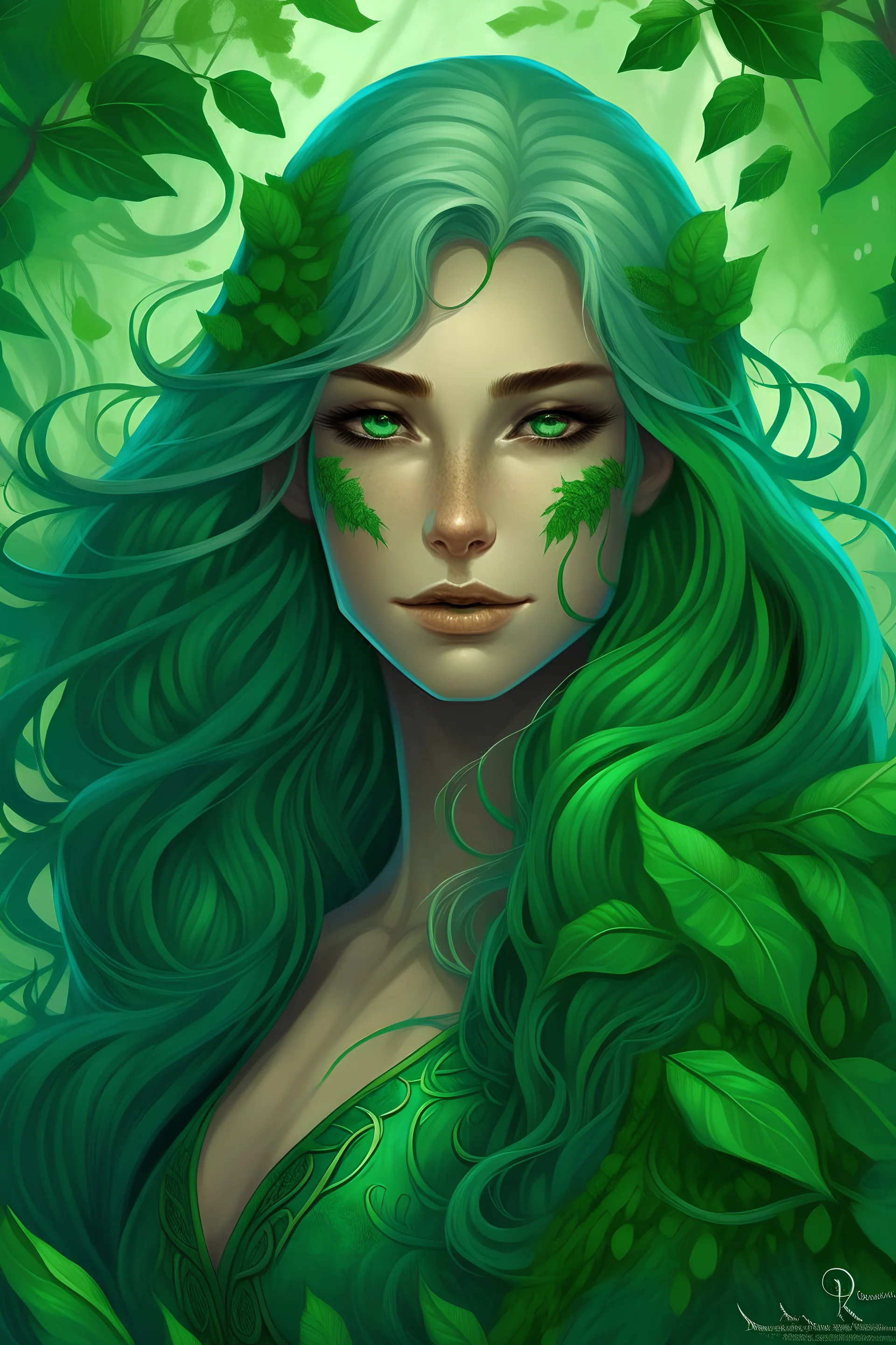 dungons and dragons Seraphina has long, wavy hair in a deep shade of green that mimics the color of succulent leaves in spring. Her eyes are a vibrant emerald green that reflects the wisdom and power of nature. Fine lines can be seen on her skin in a pattern of leaf veins that extend across her arms and face, as if nature itself had drawn them. She wears simple clothing made from natural materials that protect her from the elements but also do not hinder her movements. A tunic, whole body