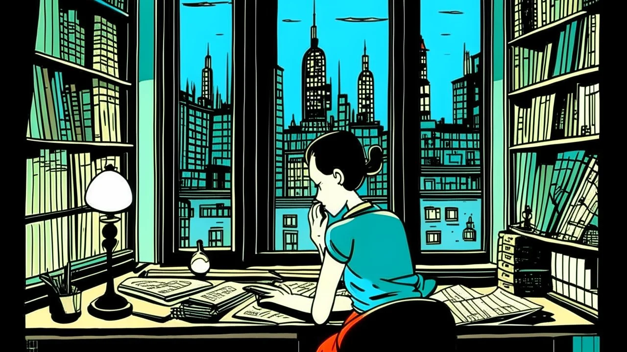 pen and ink, illustrated by hergé, a lonely woman inside her beautiful mid century modern NYC apartment with big windows overlooking the city at night. Sadness, stunning color scheme, masterpiece