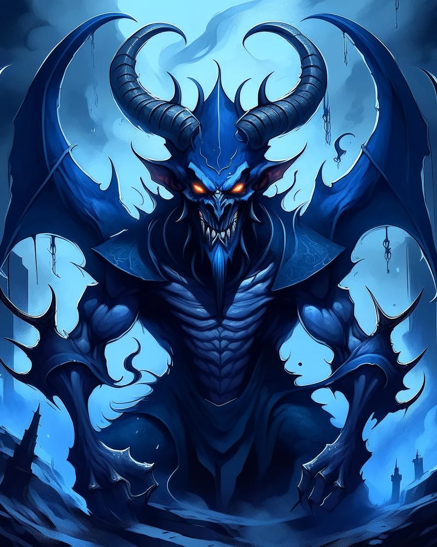 A dark blue demonic empire with jagged horns in Dadaism art style