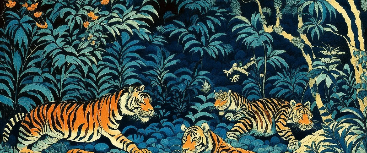 A dark blue jungle with tigers and chameleons painted by Katsushika Hokusai