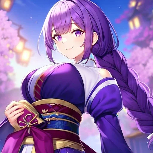 girl, masterpiece, best quality, volumetric lighting, detailed outfit, perfect eyes, purple hair, purple eyes, obi, braided ponytail, smile,