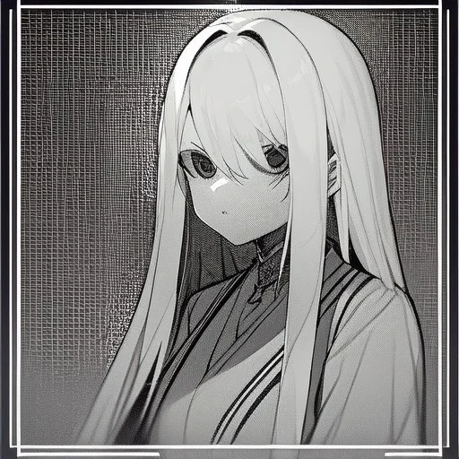  long white hair, short, cute, Line art, dead eyes, emotionless face,