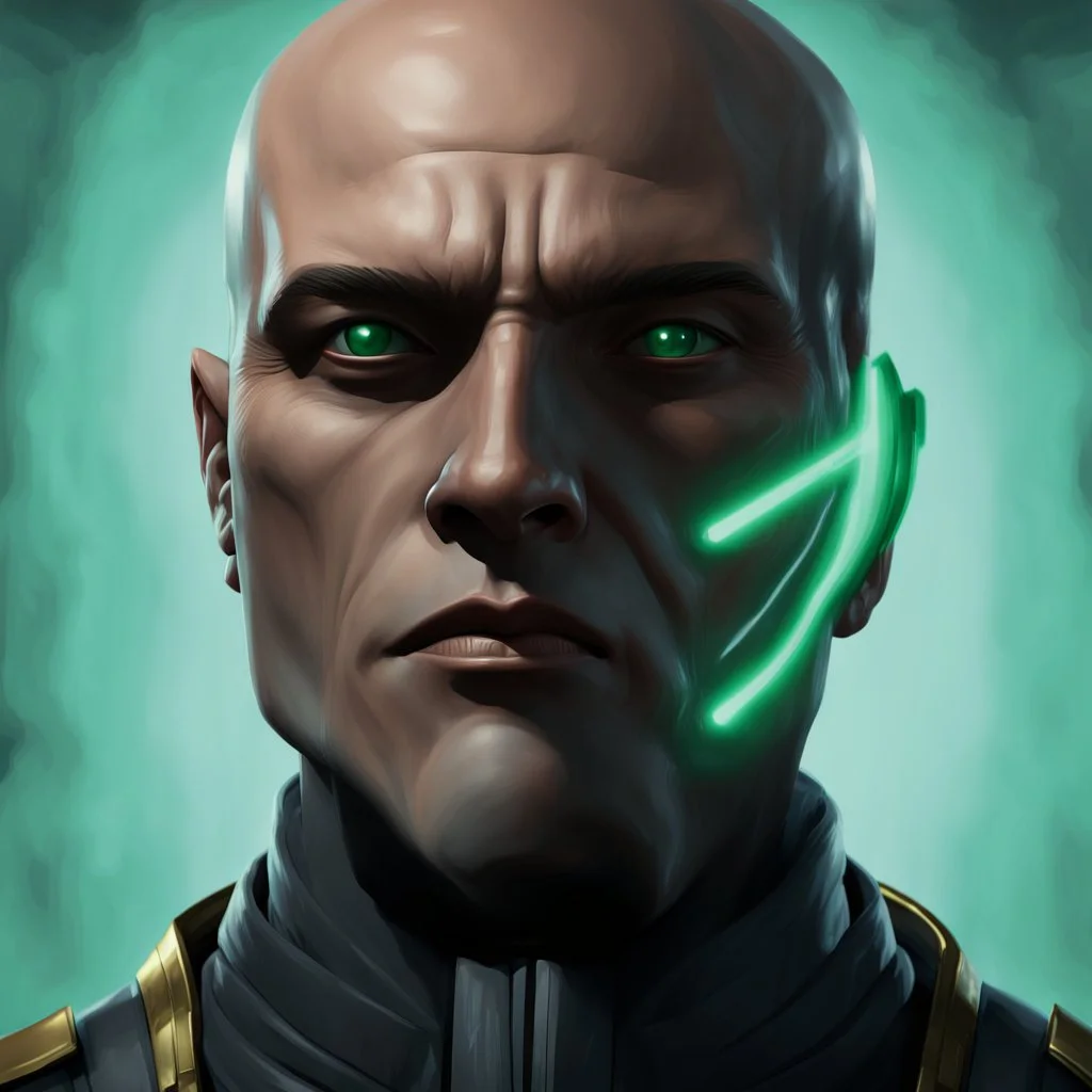 star wars bald male corellian jedi pilot wearing gunmetal grey and black old republic armored robes with gold trim inside the jedi temple holding a lightsaber with viridian green blade in left hand, centered head and shoulders portrait, hyperdetailed, dynamic lighting, hyperdetailed background, 8k resolution, volumetric lighting, light skin, fully symmetric details