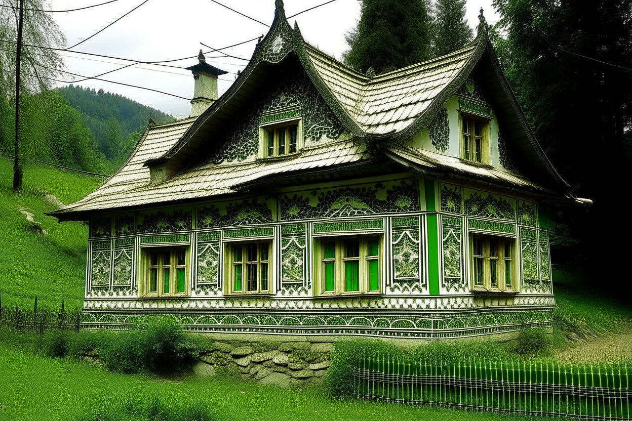 schita cu tema casa taraneasca din Bucovina , incadrata bine in rama , hasurat cu linii fine , cu mare acuratete si contrast , stil gravura pe metal