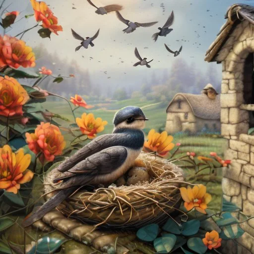 captivating cinematic painting masterfully blending traditional illustration, 3D rendering, and wildlife photography, depicts a picturesque old stone farmhouse with a thatched roof. The harmonious blend of artistic styles creates an atmosphere of serene tranquility, warmth, nostalgia, and timeless beauty. In the cozy home on the roof, three adorable baby swallows rest in their nest, watched over by a swift adult swallow soaring around them. Vibrant hollyhocks cascade along the walls, and hay in