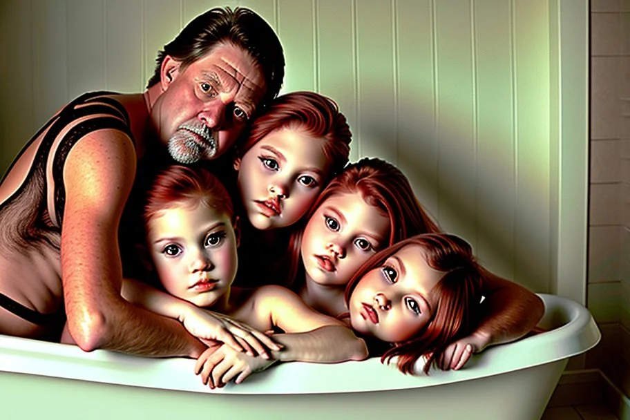 digital art of perfect auburn hair girls with dad in the bedroom in a bathtub with grandpa hugging bare lips