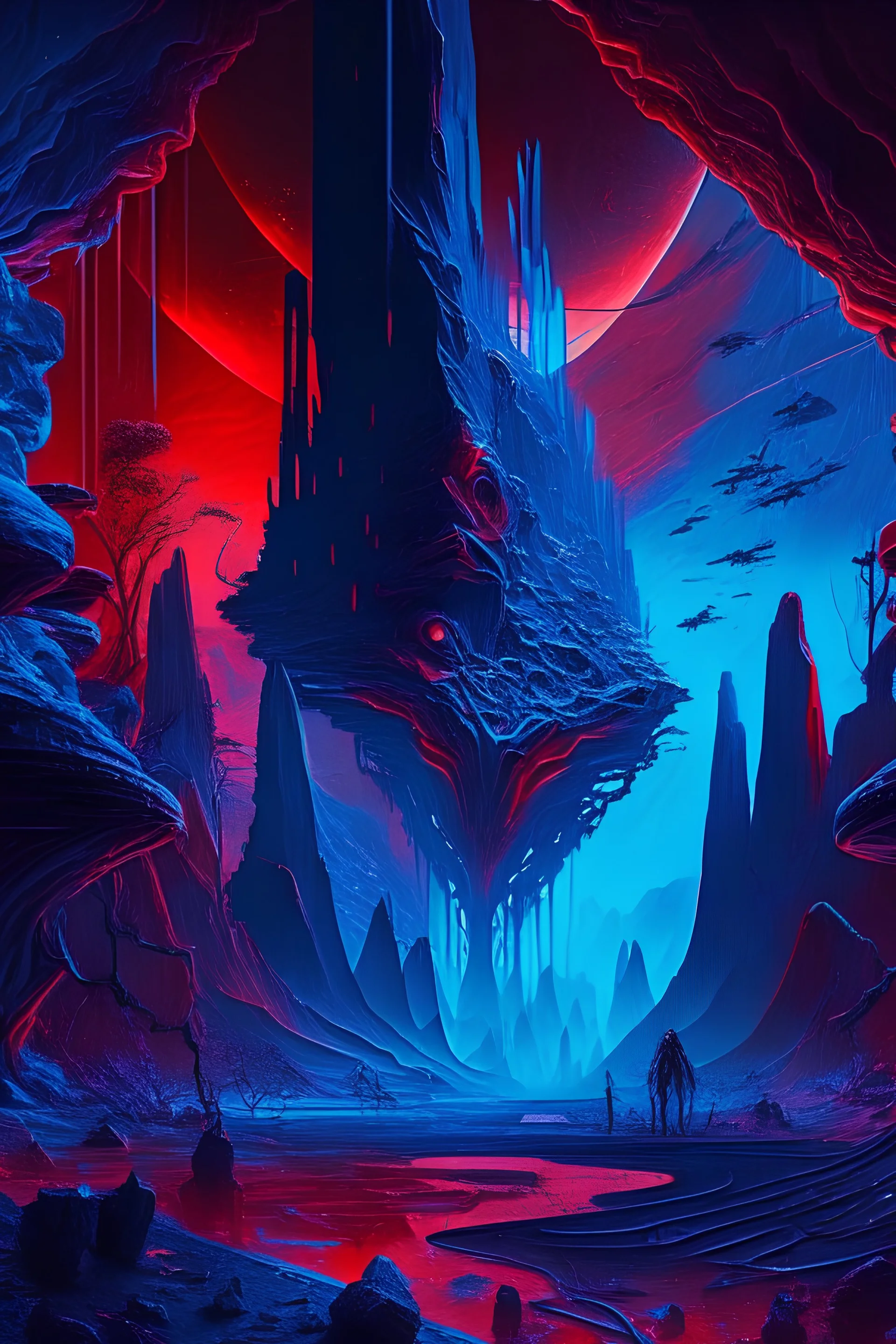 Majestic tech world, psychedelic, blue tones, tech landscape, a hint of red shown as violence or a threat, new unique world of tech