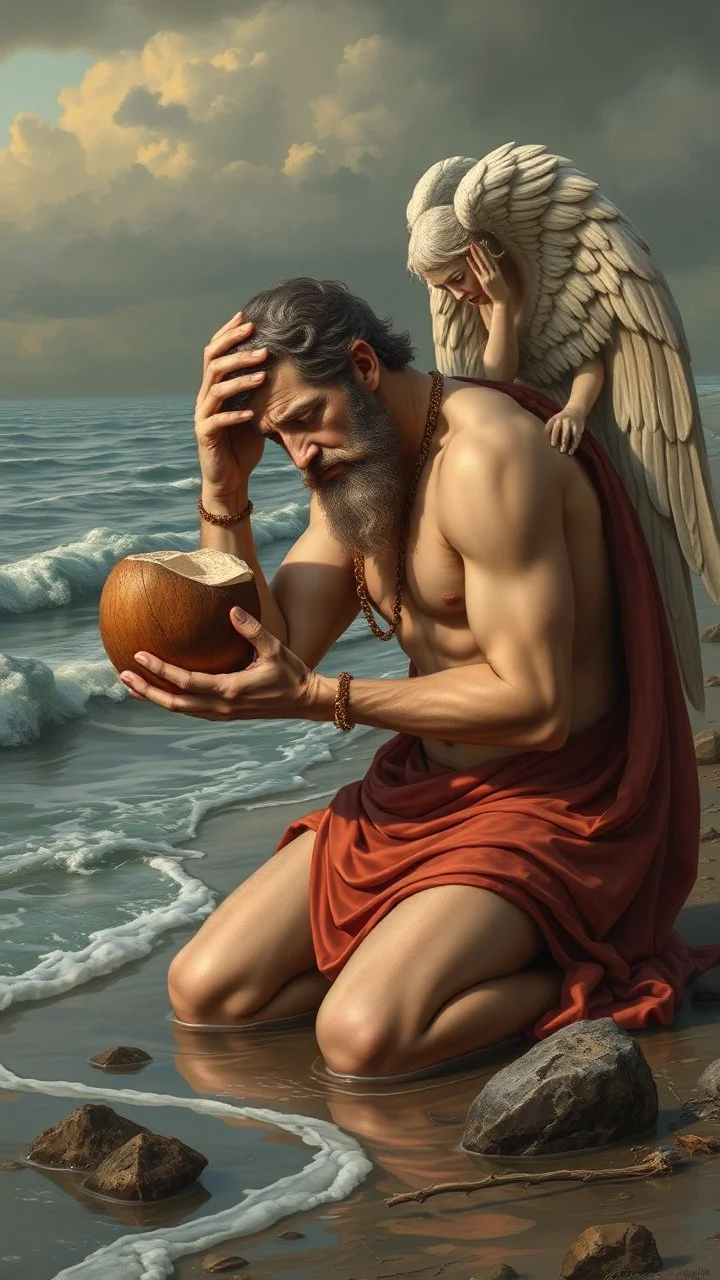 Charon on his knees on the shore holding coconut wearing crying angel holding his head