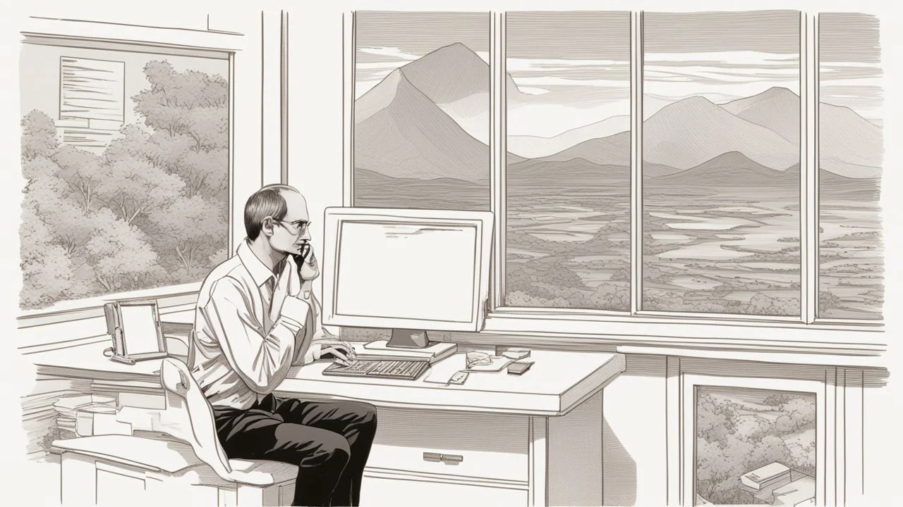الصورة تعرض ستيف جوبز وهو جالس في مكتبه الخاص، وراءه نافذة تطل على مناظر طبيعية هادئة. يظهر جوبز وهو يرتدي ثوبًا بسيطًا ويتلقى مكالمة هاتفية بينما يعمل على جهاز كمبيوتر محمول. يتسم وجهه بتعابير التفكير العميق والابتسامة الخفيفة، مما يشير إلى تركيزه الشديد وتفكيره الابتكاري. على مكتبه، يمكن رؤية مجموعة من المخططات والنماذج المصغرة لأجهزة تكنولوجية، مما يظهر اهتمامه بالتفاصيل والتصميم المميز. كما يمكن أن نلاحظ تواجد كتب وأدوات كتابة، مما يشير إلى تطلعه المستمر للمعرفة والابتكار. الإضاءة في الصور