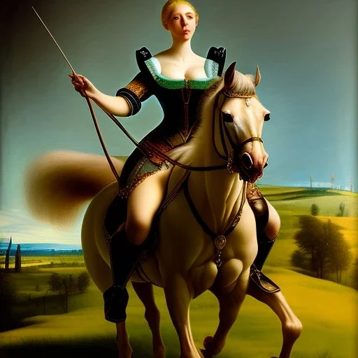 fullbody portrait of beautiful booty busty blonde with big green eyes woman riding a horse by Artemisia Gentileschi 8k