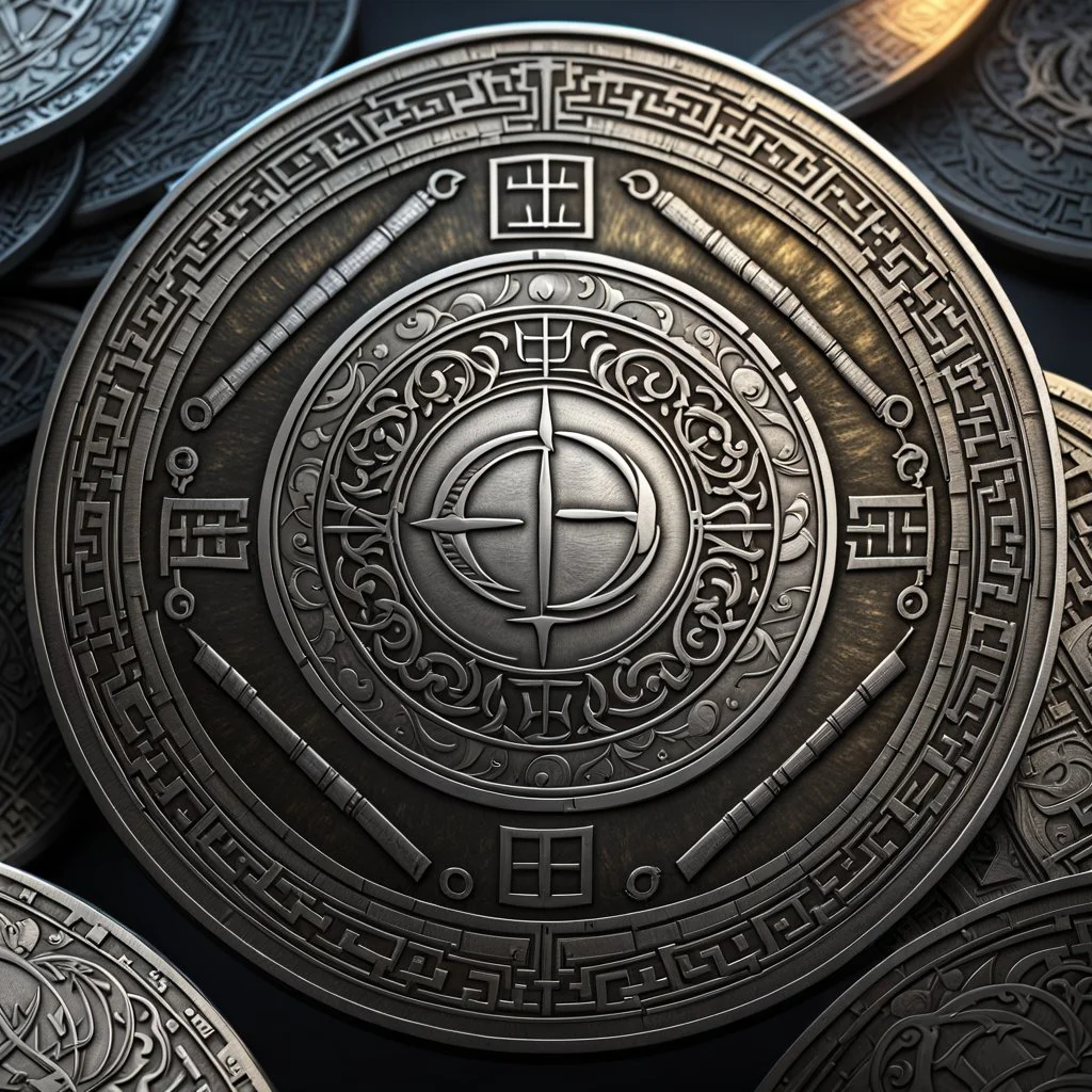 a silver coin called a moon standing on edge. ancient viking runes. flat coin. show one whole coin front on at a distance. fantasy concept art, exquisite realism, a masterpiece, dynamic lighting, hyper detailed, intricately detailed, deep color, Unreal Engine, volumetric lighting , Epic cinematic brilliant stunning intricate meticulously detailed dramatic atmospheric maximal,