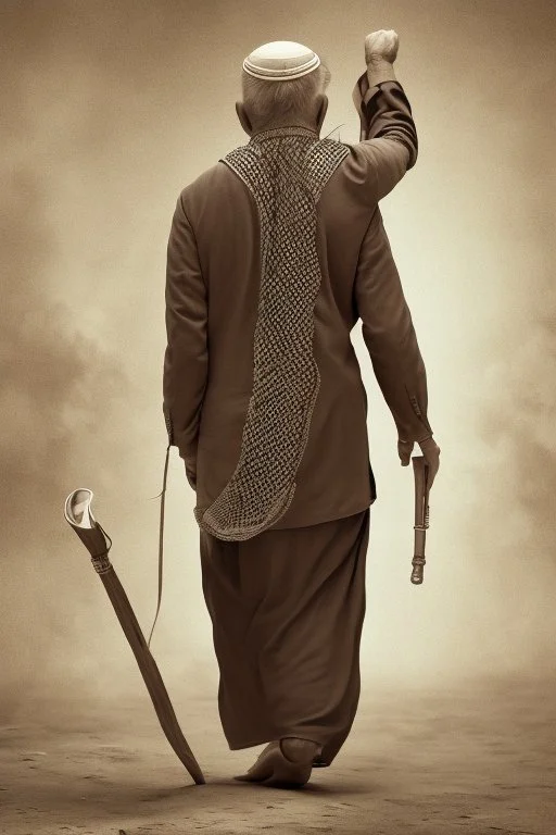 An old man wearing an Arabic keffiyeh, his back bent, walking barefoot, holding his cane upside down, looking back and holding his shoe in his hand.