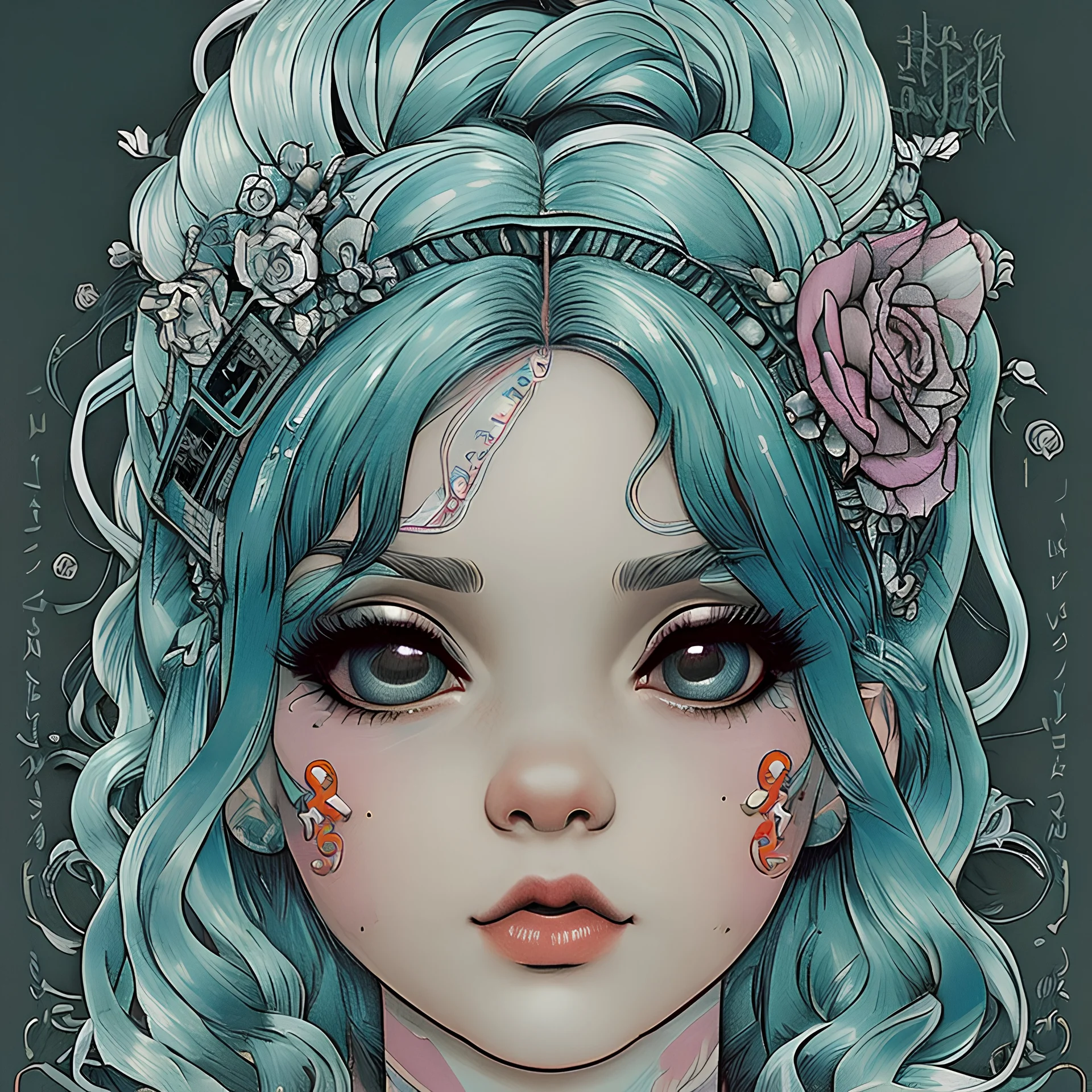 singer Melanie Martinez face, beautiful cyberpunk, hyperdetailed, illustration by Katsushika Hokusai, darkblue tones,