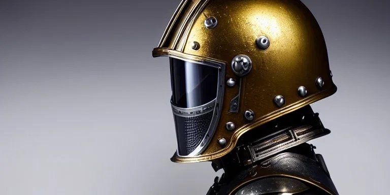 apocalypse, chaotic, magnificent, realistic, colorful, massive, epic, ray tracing, cinematic, 8k, HD, Ultra High Definition, photo film, film grain, hyper-detailed, old tarnished ornate rusty Hyper detailed Gold Gothic Medieval Knight helmet with glass visor covering face and matching whole body suit of armor, realistic proportions, no face, background with maximum security prison