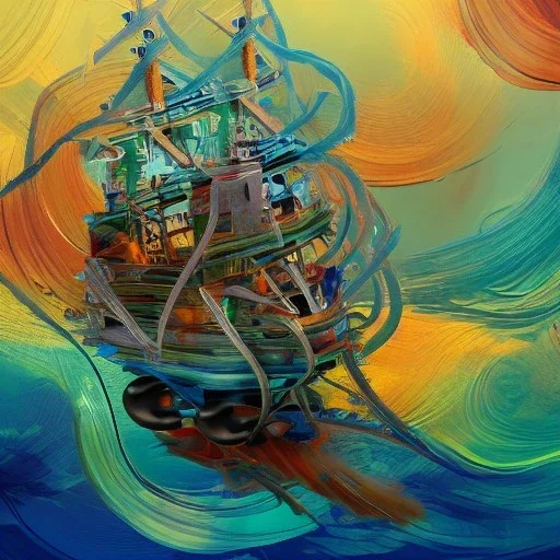 Beautiful pirate ship in the ocean in the style of Abstract Expressionism, complex, incomprehensible, 3D, voluminous, symmetrical, artistic, 4K, 8K