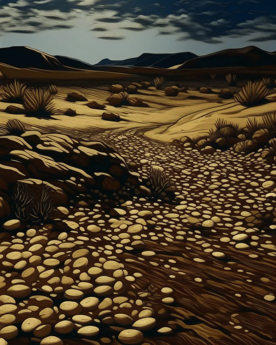 A dark brown desert with pebbles painted by Vincent van Gogh