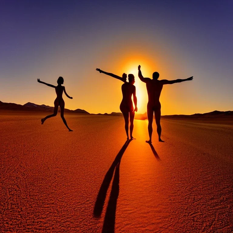 man and woman with no clothes, making love, desert road, sunset, full colour,