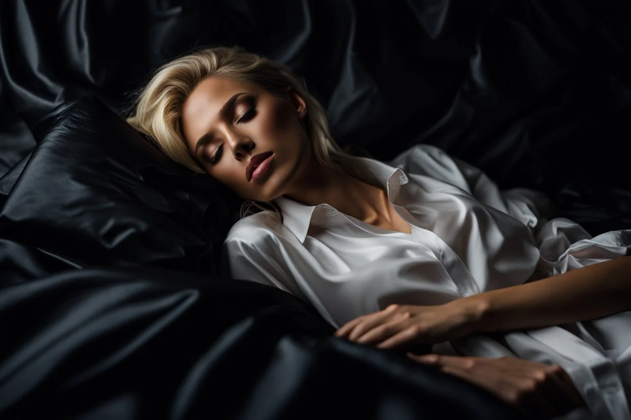 Hyperdetailed, 20-year-old beautiful blonde girl lying asleep on black silk sheets wearing a mans shirt