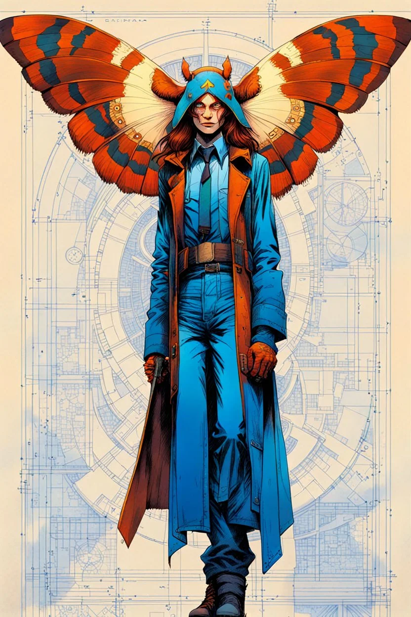 Hand drawn technical,full body portrait illustration , with detailed blueprints and engineering schematics of a walking Atlas moth insect girl, in the comic book art style of BILL SIENKIEWICZ and JEAN GIRAUD MOEBIUS, with highly detailed facial features, drawings, and technical notation, 8k, vibrant natural colors