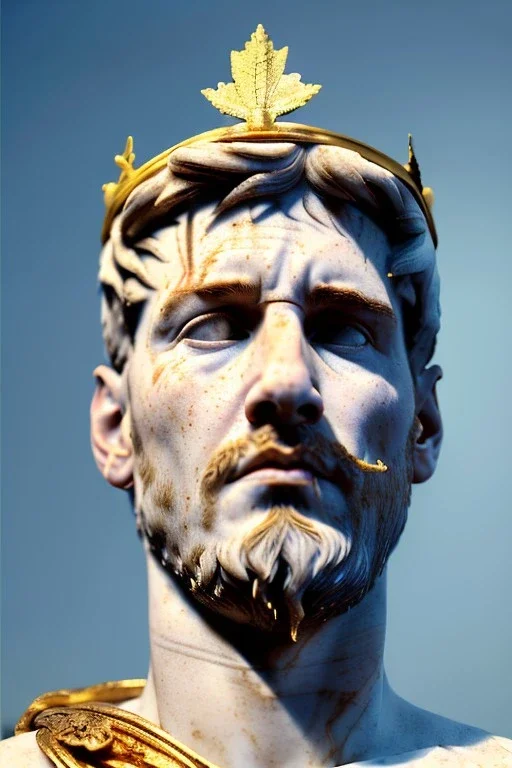 Realistic image, Roman sculpture made in white marble with gold veins, Lionel messi with gold laurel leaves crown, two blue brushes paint, decorative star on the chest, waist up portrait, marble material, gold ornaments, Baroque style, sun rays background, epic, celestial, cinematic lighting, God lights, 4k resolution, smooth details, soft lighting, unreal engine 5, art station, substance 3d.