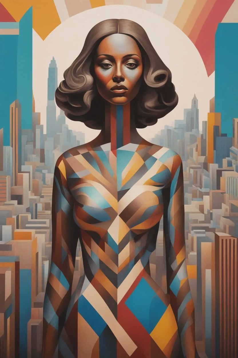 a painting of a woman standing in front of a city, op art, retro 3 d graphics, bronze - skinned, geometric curves, featured art, philosophical splashes of colors, art brought to life, facial symmetry