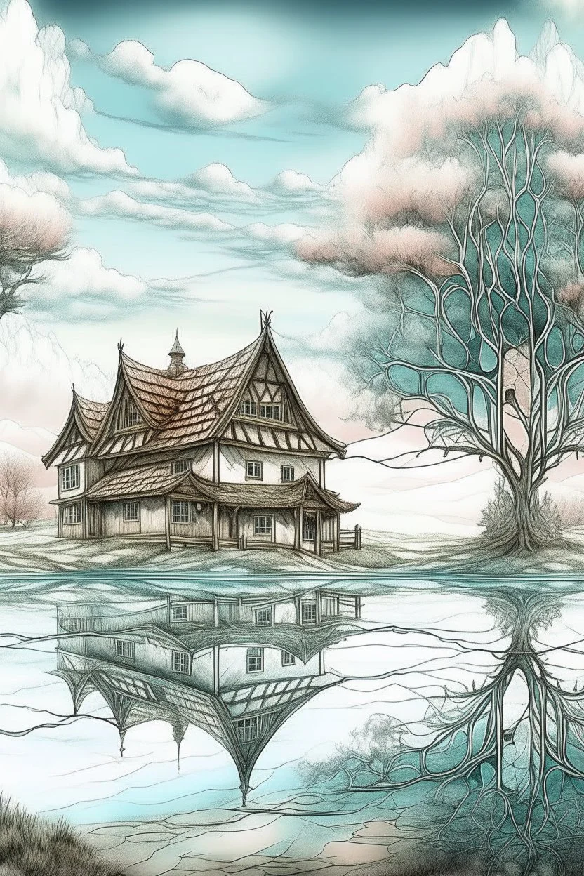 The place where the Dream and its followers live. A reflection of the sky. Watercolor, fine drawing, beautiful landscape, pixel graphics, lots of details, pastel aqua colors, delicate sensuality, realistic, high quality, work of art, hyperdetalization, professional, filigree, hazy haze, hyperrealism, professional, transparent, delicate pastel tones, back lighting, contrast, fantastic, nature+space, Milky Way, fabulous, unreal, translucent, glowing