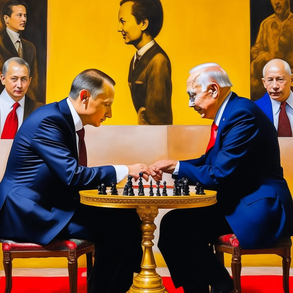 Putin, President Xi Of China And Joe Biden Play Chess between lights and shadow With A Pigeon,And Atomic Bomb Mushroom Cloud,Complex Surgical Instruments Intermixed With A Newborn Boy,Minimalism,Painting By Adrian Ghenie,Rene Magritte,Pablo Picasso,Michelangelo,Salvador Dali,Lucian Freud