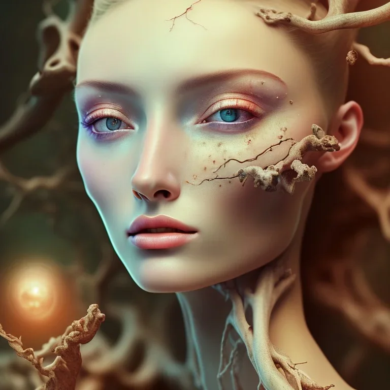 portrait photography of ethereal beauty, 8K, Portrait of a woman by Michelangelo, close-up face, anatomically perfect face, a sunny atmosphere, Pine tree roots, clean face