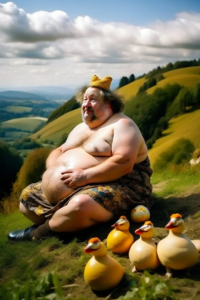 portrait by a hairy naked fat man he is near the duck dolls sitting on the hill in summer. like oil painting